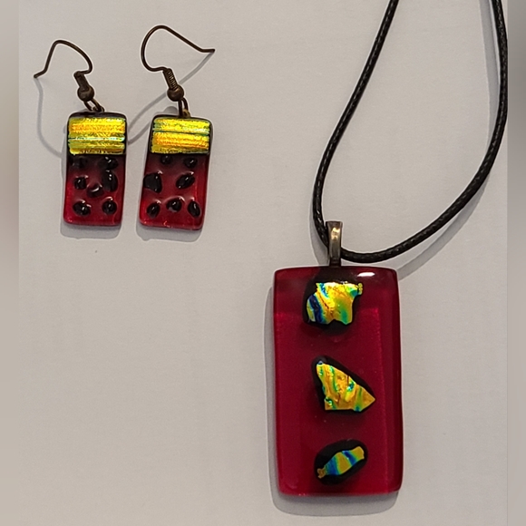 VINTAGE 2 PCS SET FUSED GLASS LAMPWORK PENDANT NECKLACE & EARRINGS - Picture 6 of 16